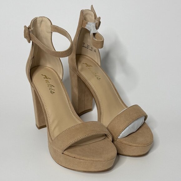 🤎 Beige Faux Suede Platform Block Heel Sandals Heels with Ankle Strap | Size 6 - Picture 5 of 8